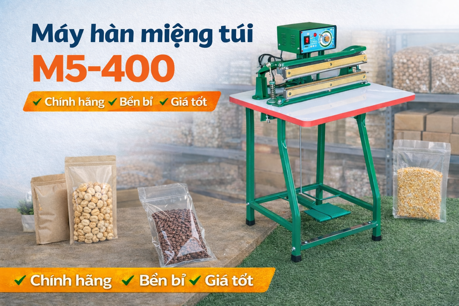 Máy hàn miệng túi dập chân m5-400 của Tân Thanh sản xuất, tiết kiệm điện, bền,