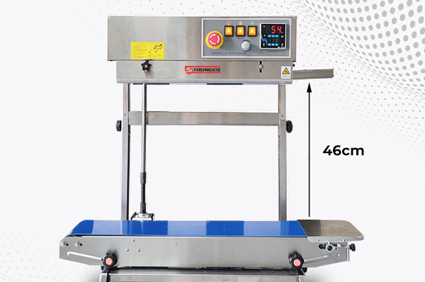 máy hàn miệng túi dạng đứng có khoảng cách giữa vị trí ép và mặt để túi cao và có thể thay đổi độ cao này